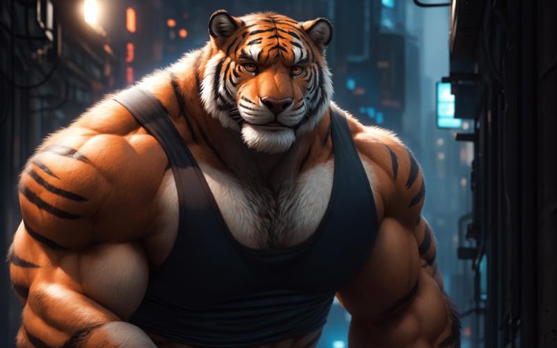 03175-4039783110-furrender style,portrait of a large muscular male siberian tiger,middle-aged,orange eyes,He wore a dark tank top and a pair of l.jpg